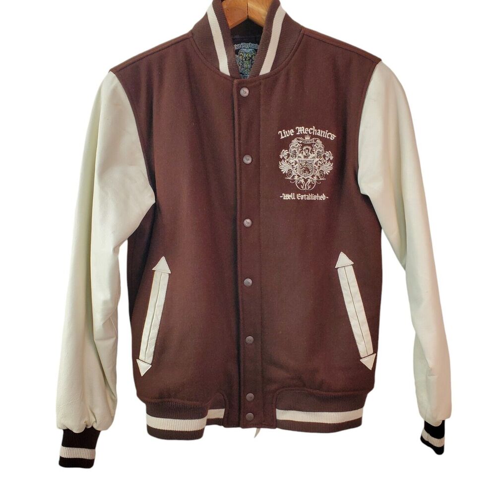 Live Mechanic Bomber Jacket Men Medium Wool Leather Brown White Embroidered Logo